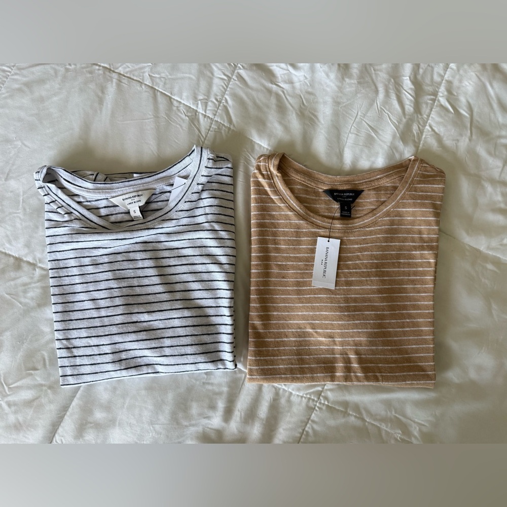 Banana Republic Striped Short Sleeve Tees - White & Tan